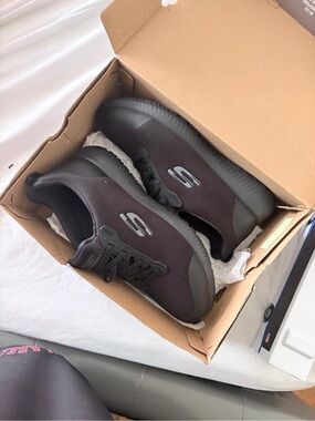Skechers Black Slip-On Work Shoe with Pink Insole